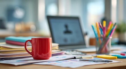 A vibrant workspace featuring a red mug colorful pens and a laptop
