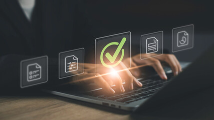 Checklist and document approval system with digital interface. Highlighting task completion, daily workflow, and data validation in modern business management.