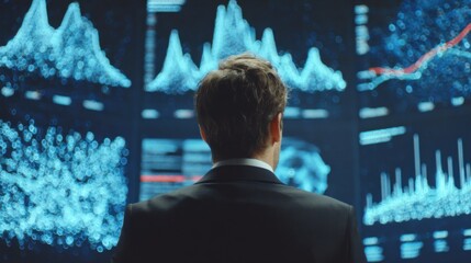 Business professional analyzing complex data visualizations on display, emphasizing technology and analytics in modern finance