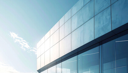 Modern Architectural Marvel: A stunning, contemporary skyscraper made of glass and steel, reaching towards a clear blue sky, demonstrating modern architecture's elegance.