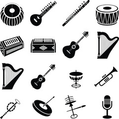 Fototapeta premium Assortment of traditional musical instrument icons in black silhouette