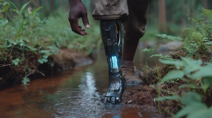 Man with futuristic robotic leg walking through forest stream, showcasing technology and nature in harmony, inspiring perseverance