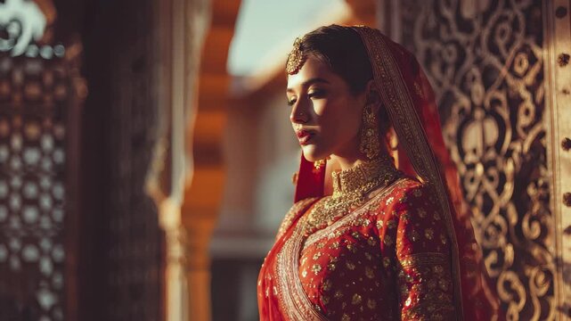Stunning portrait of a south asian bride in traditional red and gold bridal attire with intricate jewelry, 4k high quality footage