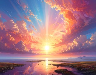 Spectacular sunset over serene coastal landscape with vibrant colorful sky