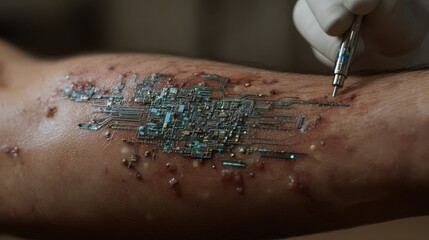 Futuristic Skin Modification with Circuit Design on Human Arm Showing Detailed Technology Integration into Flesh