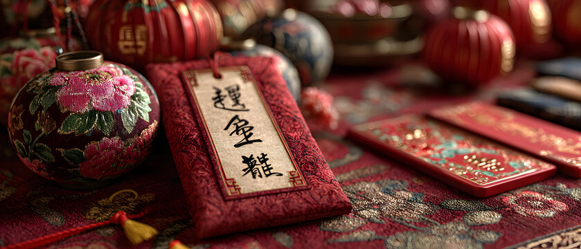 Colorful festive decorations scattered on a vibrant surface, Chinese new year 2025 banner - Powered by Adobe