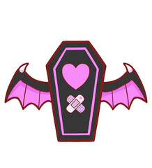 Cute Gothic Coffin Illustration with Devil Wings, Pink and Black Creepy Kawaii Sticker Style