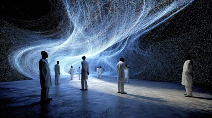 Scientists in White Coats Observing Abstract Cosmic Patterns in Dark Universe with Light Trails and Energy Waves Surrounding Them