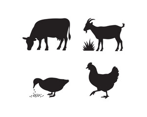 Farm animals silhouette, cow, goat, duck, chicken silhouette, cow grazing, duck pecking scattered grains, goat walking & chicken walking vector illustration collection set, farm animals silhouette,