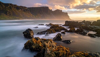 Coastal landscape with dramatic mountains under a colorful sky at sunset