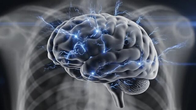 Brain with electricity activity animation, showing human brain with electrical impulses and neural activity within a body