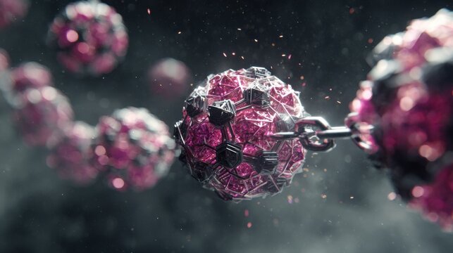 Abstract depiction of molecular structures with pink and black colors in a dynamic background showcasing connectivity and energy flow - Powered by Adobe