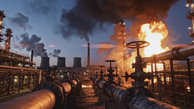 Industrial nighttime view of a burning oil refinery, flames and smoke with pipelines and towers under a blue sky