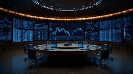 Modern financial trading room with advanced technology and sleek design featuring multiple screens and a round conference table
