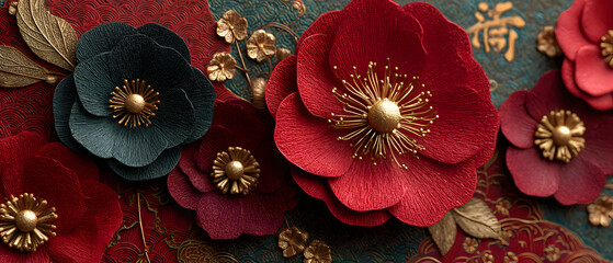 Red and gold paper flowers Chinese decoration background for 2025 lunar new year concept