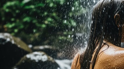 Fototapeta premium Refreshing outdoor shower in nature, water splashing