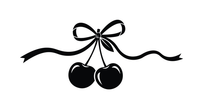Decorative black and white illustration showing two cherries suspended from a bow with long flowing ribbons across a clean white background.