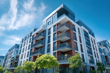 Fototapeta premium Modern apartment building exterior with balconies under bright blue sky.