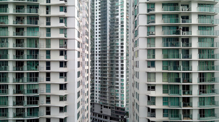 Fototapeta premium A high angle view shows a dense cluster of identical modern apartment buildings standing tall in a vibrant and bustling urban city environment downtown area.
