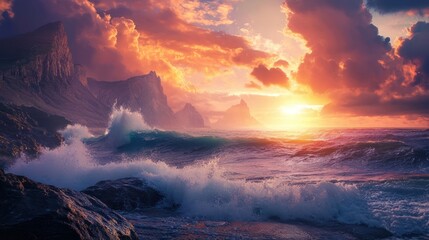 A dramatic coastal scene with crashing waves, rugged cliffs, and a bright sunset sky.