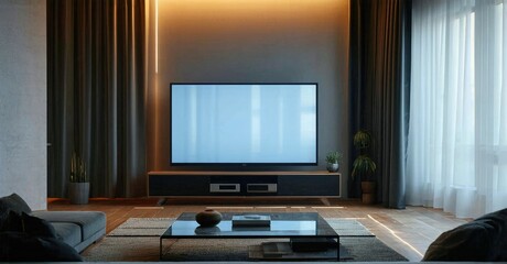Fototapeta premium Modern living room interior. Dark tones dominate, accented by warm lighting. Minimalist design, cozy atmosphere, sleek furniture present.
