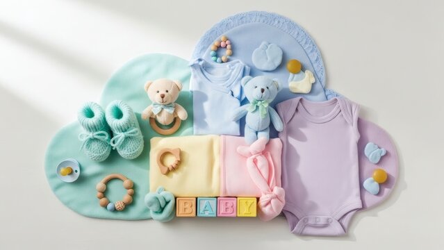 Adorable baby essentials and toys in pastel colors for National Birth Defects Prevention Month
