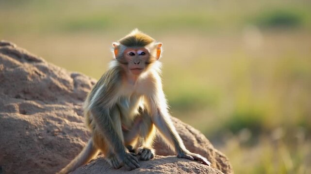 A monkey sitting on a rock looking off to the side in a natural outdoor setting in the daytime monkey video