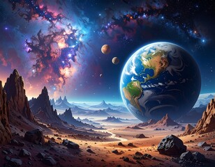 Spectacular view of Earth from a distant planet with a colorful nebula background