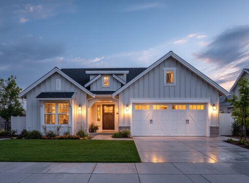 Suburban home exterior with warm lights at twilight dusk