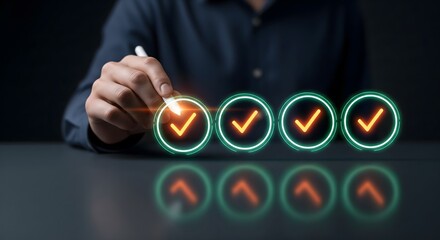 Business person using a digital pen to select checkmark icons on a hologram interface. This success concept is perfect for quality control and completion themes.