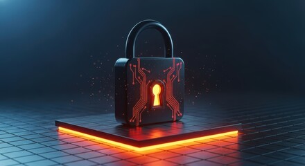 Digital padlock security concept standing on a neon illuminated platform symbolizing strong data protection and internet privacy measures