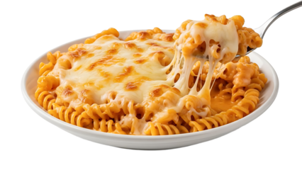 Fork lifting a generous serving of baked cheesy pasta from a plate, with delicious stretchy melted cheese. transparent background png file