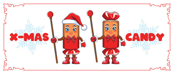 Vector funny cartoon holiday candies wearing Santa Claus hat, staff and bow. Christmas sweets. Toon candy.