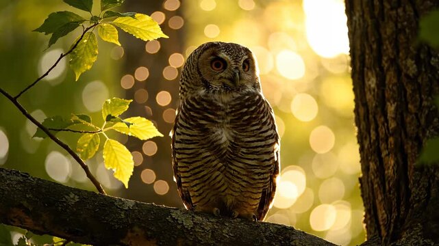 Majestic Owl Perched on Branch in Golden Light.