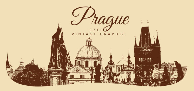 City ancient architecture, Prague, Czech Republic. Vintage brown and beige graphics, engraved, vector. Old retro design.