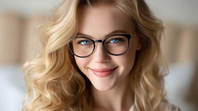Elegant Young Woman with Glasses: Capturing a close-up portrait of a woman radiating intellect and warmth, her captivating blue eyes framed by stylish glasses and the gentle cascade of blonde hair.