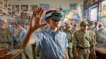 Young boy explores virtual reality in classroom with immersive experience surrounded by historical scenes and amazed classmates
