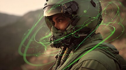 Portrait of a military pilot in advanced gear with dynamic green data visualizations illustrating technology and aviation themes