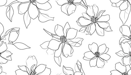 Delicate, monochrome, botanical sketch magnolias and leaves, on white. Soft floral repeat pattern