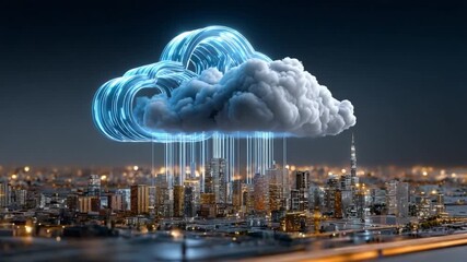 Cloud Data Center: An imaginative digital rendition shows data cascading from a luminescent cloud, hovering above a cityscape illuminated with lights. - Powered by Adobe