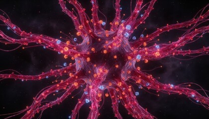 Abstract neural cell structure with glowing particles visualizing neuroscience biology connectivity and complex communication within living systems