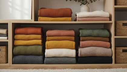 Neatly folded sweaters arranged by color on wooden shelves represent organization comfort minimalism and cozy interior lifestyle