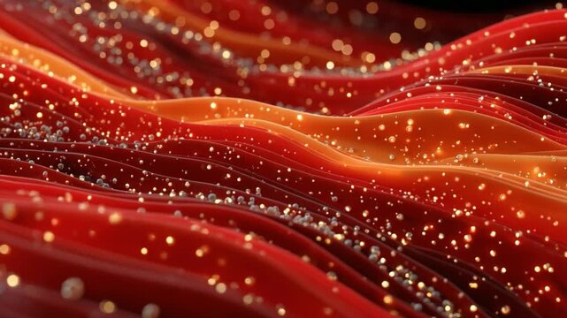 Crimson Flow: An abstract display of flowing, wavy ribbons in shades of crimson and gold, illuminated by a gentle sprinkling of shimmering particles, evoking a sense of elegance and fluidity.