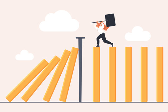 Businesswoman stops falling domino effect with a barrier, symbolizing proactive crisis management, risk prevention, and leadership in business continuity vector illustration
