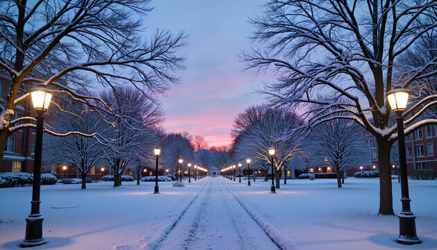 Twilight tranquility on snow-covered campus with glowing street lamps, winter exams