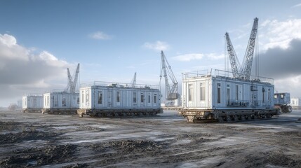 Obraz premium Industrial construction site with modular buildings and cranes during daylight under cloudy sky