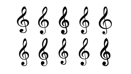 Collection of ten black treble clef musical notes on a white background-vector illustration