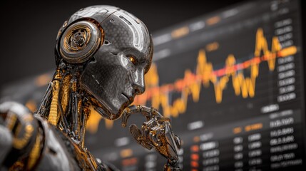 Futuristic Android Analyzing Stock Market Data with Digital Financial Charts in the Background