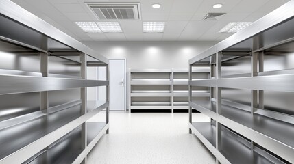 A large empty warehouse with metal shelves and a door