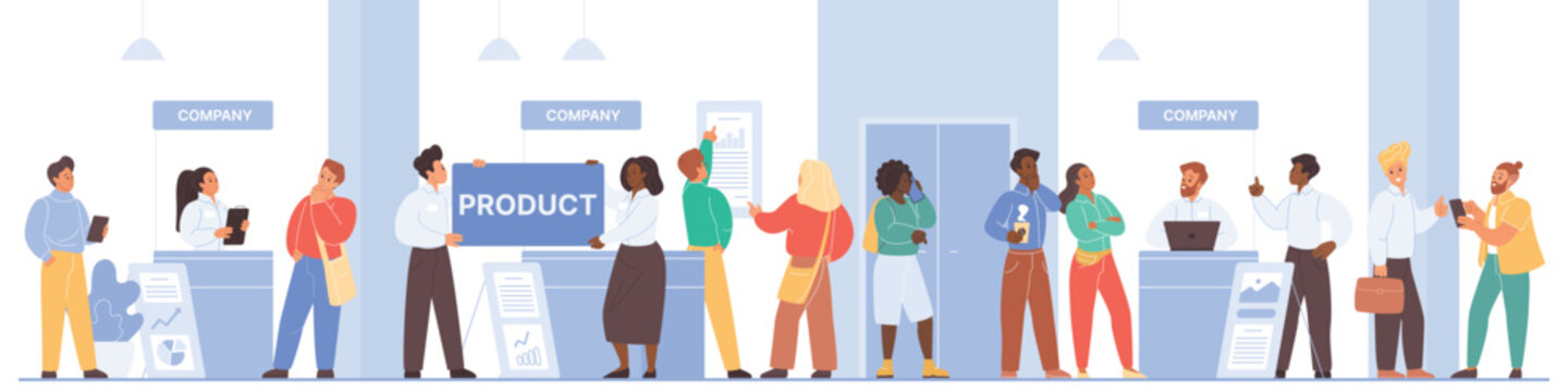 People interact with company representatives and explore product booths at a busy business exhibition, networking and gathering information at a modern expo center vector illustration
